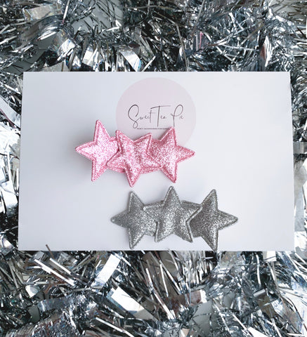 Glitter Stars Snap Clips- Pink/Grey Set of 2