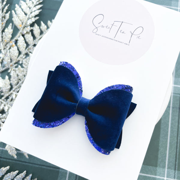 Blue Christmas Pinched Loop Hair Bow