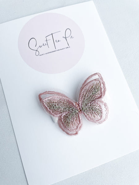 Embroidered Butterfly Glam Clip - Dusty Pink