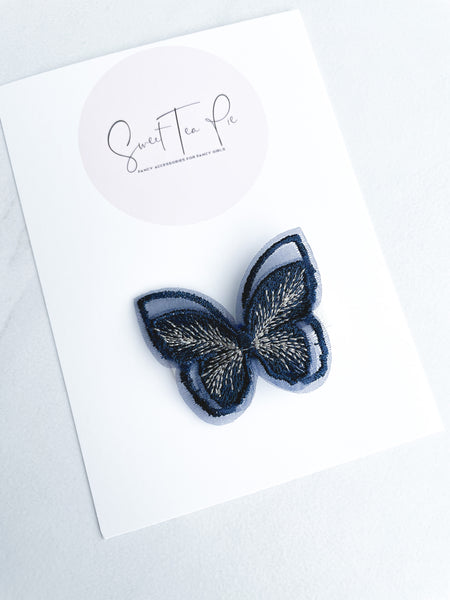 Embroidered Butterfly Glam Clip - Navy