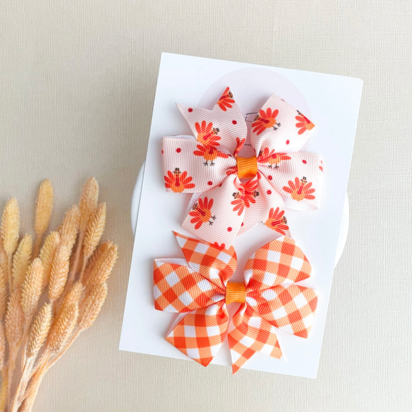 Thanksgiving Turkey Ribbon Hair Bow Set