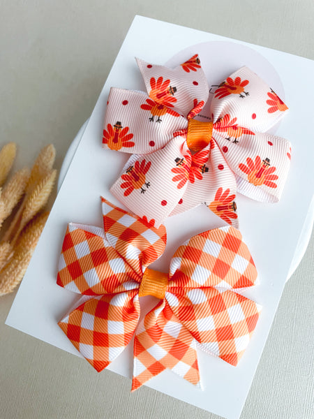 Thanksgiving Turkey Ribbon Hair Bow Set
