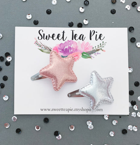 Metallic Stars Snap Clips- Pink/Silver Set of 2