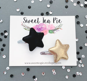 Metallic Stars Snap Clips- Black/Gold Set of 2