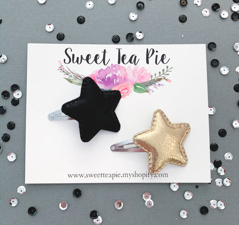 Metallic Stars Snap Clips- Black/Gold Set of 2