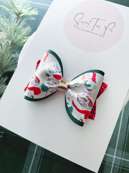 Christmas Cats Pinched Loop Hair Bow