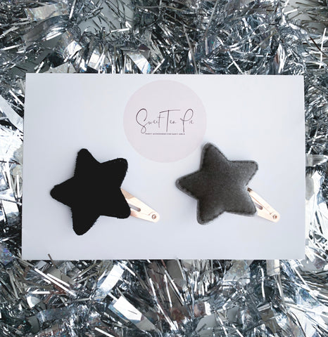 Velvet Stars Snap Clips- Black/Grey Set of 2