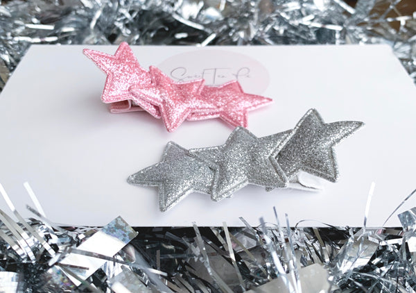 Glitter Stars Snap Clips- Pink/Grey Set of 2