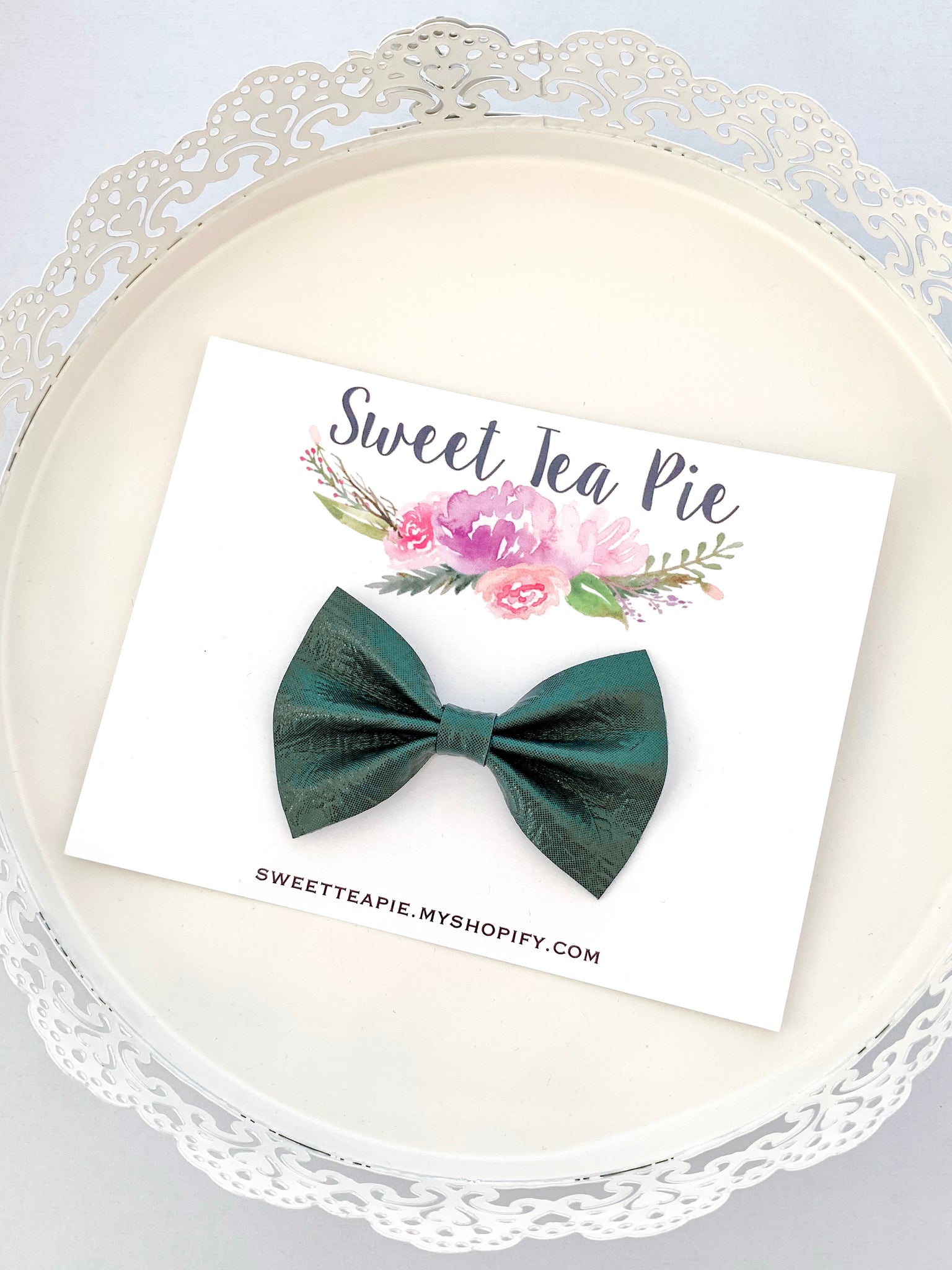 Evergreen Lace Faux Leather Hair Bow