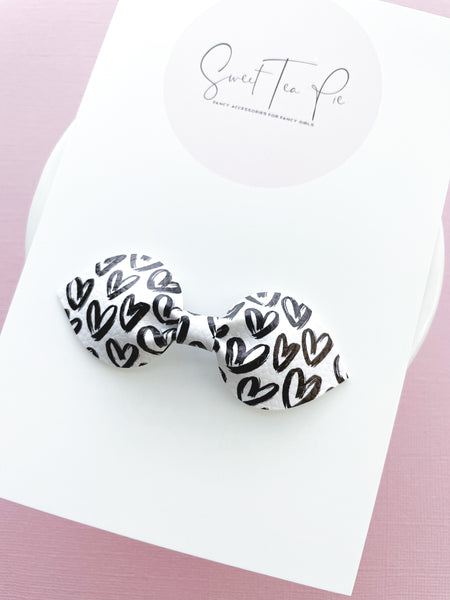 Monochrome Hearts Petite Leather Hair Bow