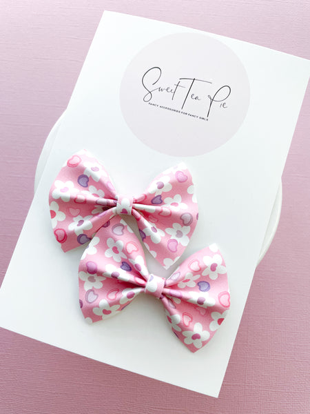 Flower Hearts Pigtail Hair Bows