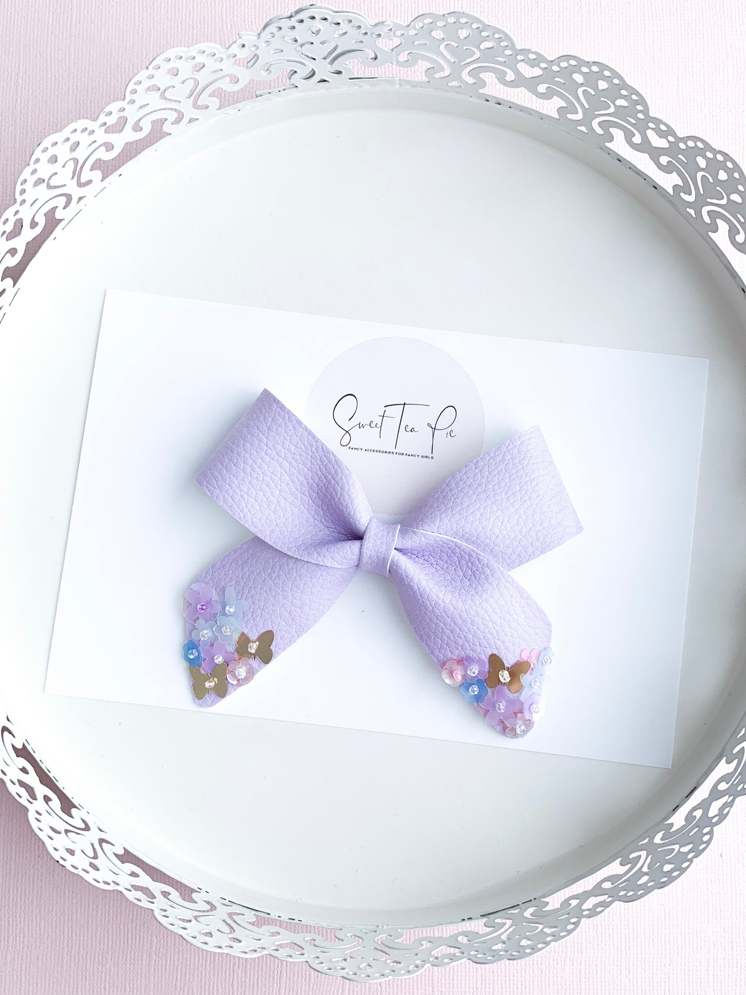 Orchid Purple Butterfly Garden Sequin Dripped Schoolgirl Bow