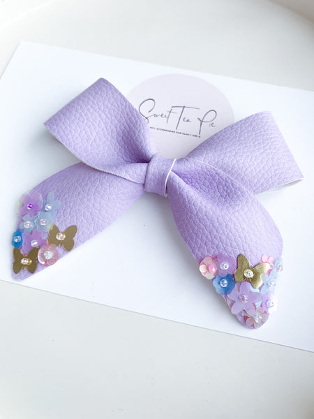 Orchid Purple Butterfly Garden Sequin Dripped Schoolgirl Bow