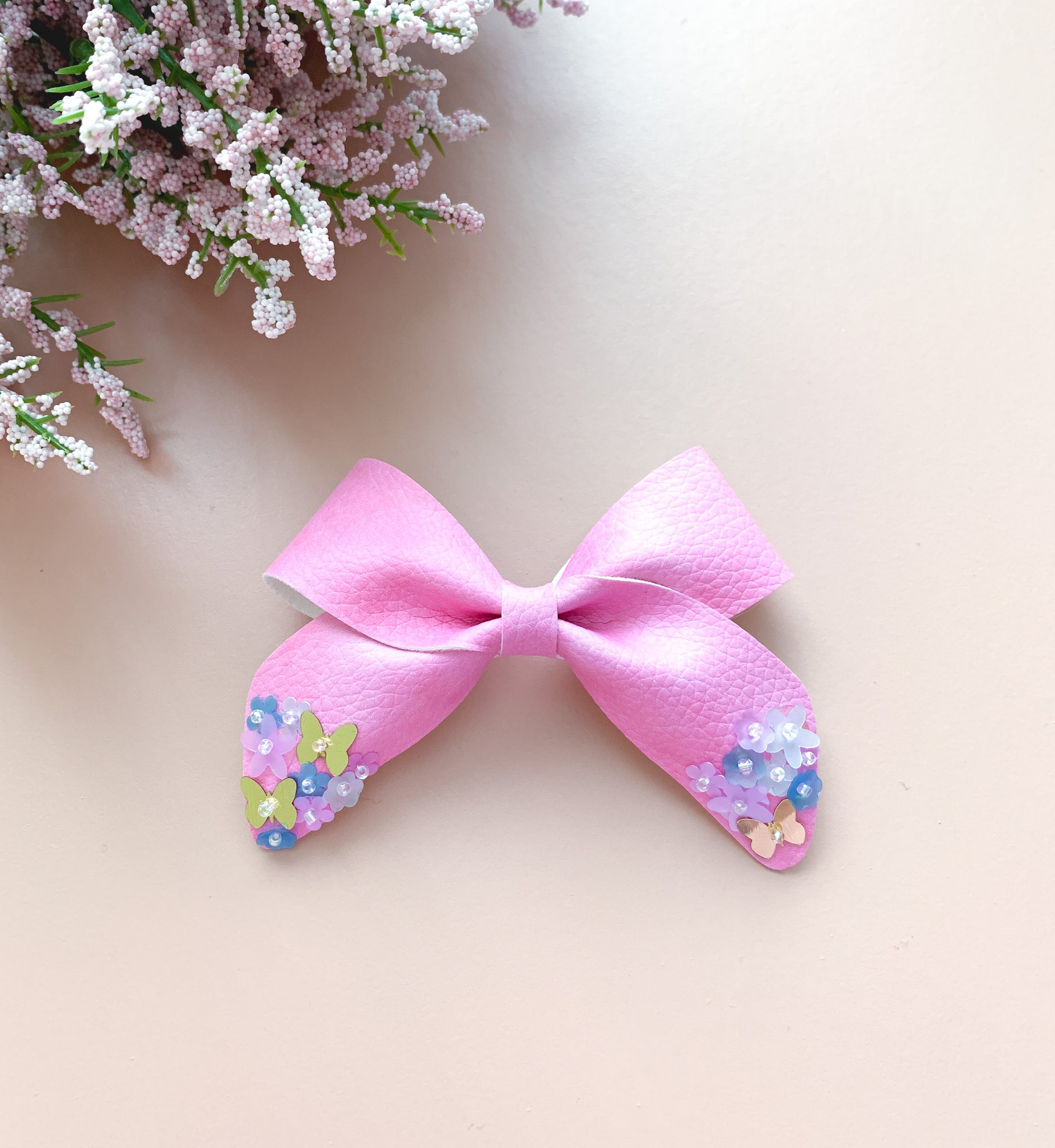 Rose Pink Butterfly Garden Sequin Dripped Schoolgirl Bow