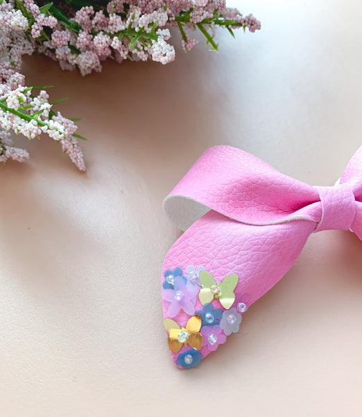 Rose Pink Butterfly Garden Sequin Dripped Schoolgirl Bow