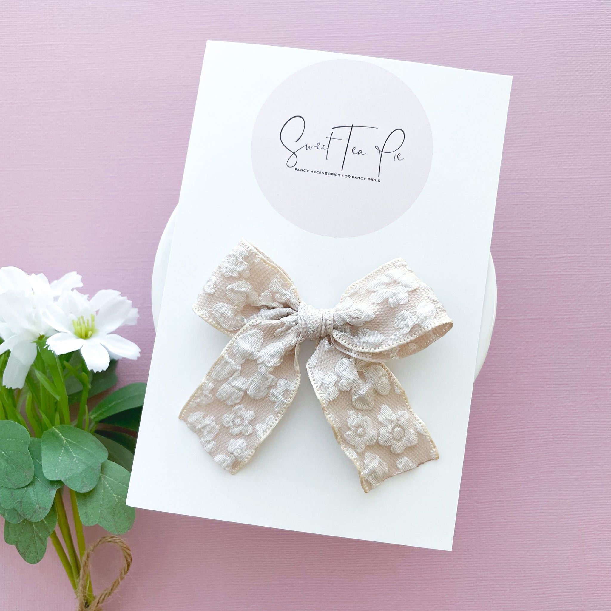 Cream Embossed Ribbon Hair Bow