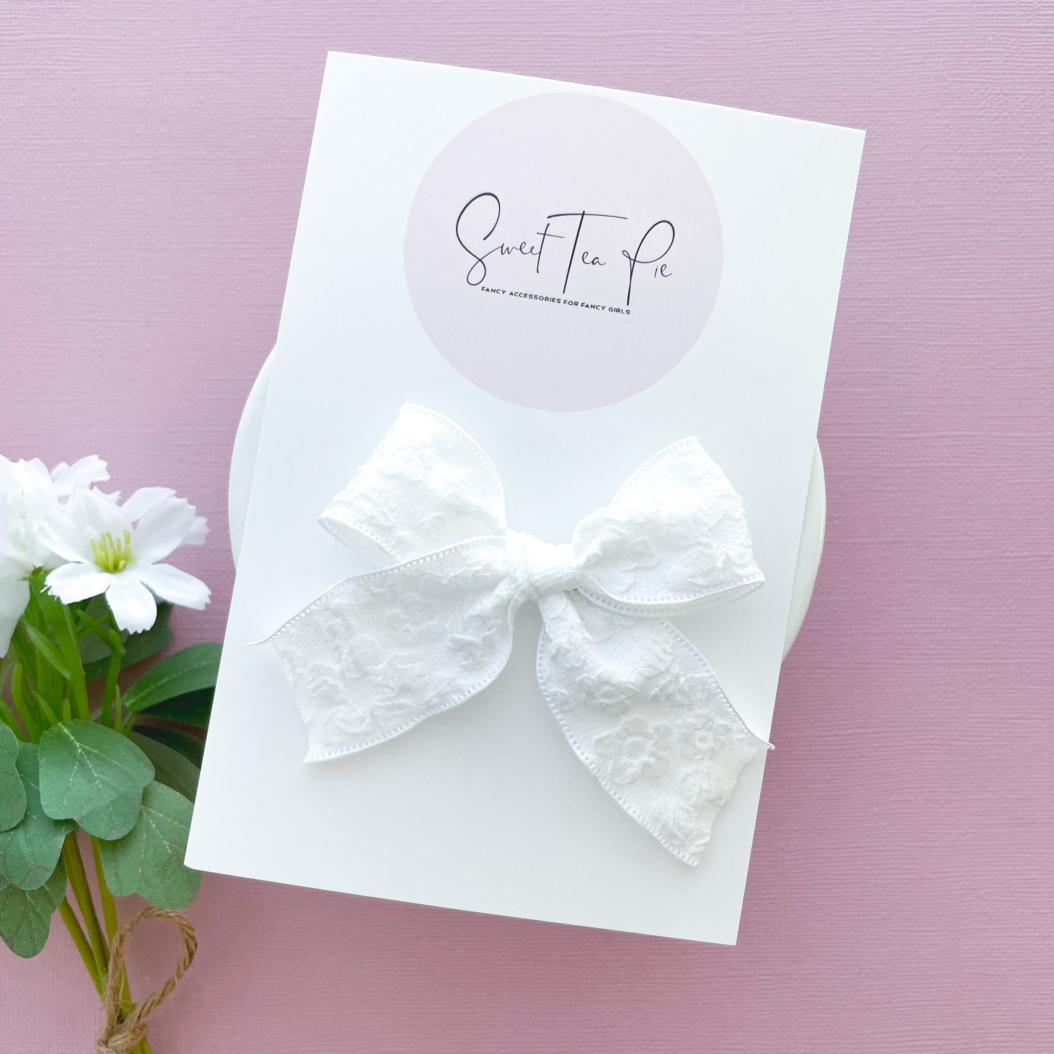 White Embossed Ribbon Hair Bow