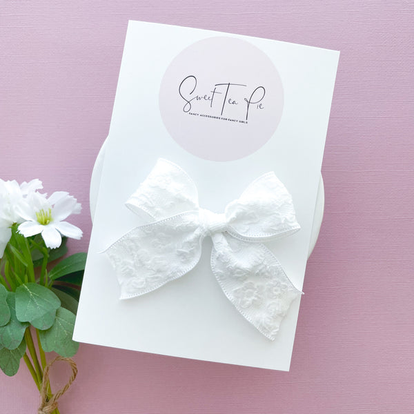 White Embossed Ribbon Hair Bow