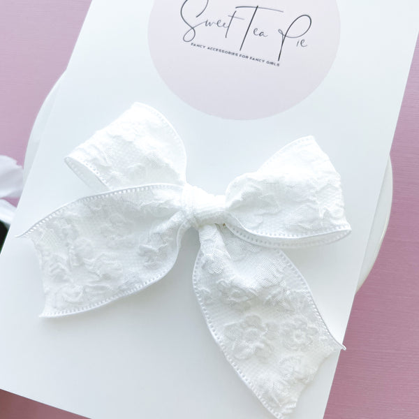 White Embossed Ribbon Hair Bow