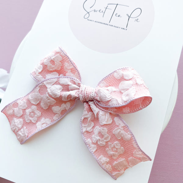 Pink Embossed Ribbon Hair Bow