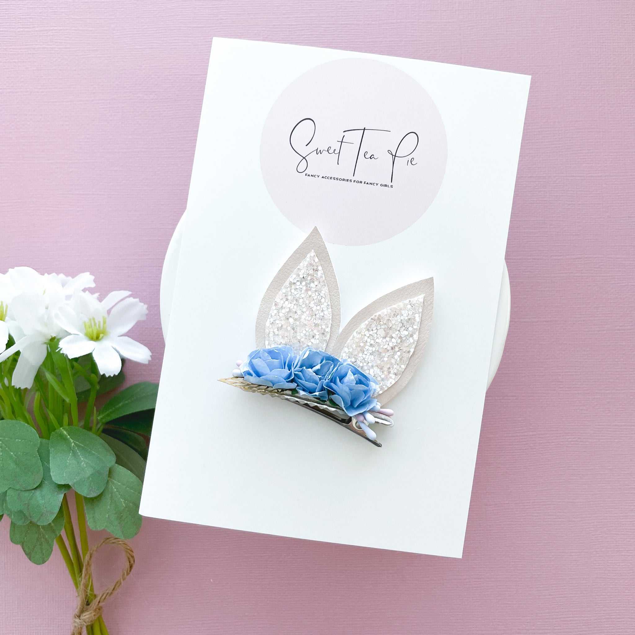 Blue Floral Bunny Ears Lined Alligator Clip