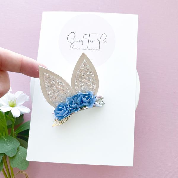 Blue Floral Bunny Ears Lined Alligator Clip