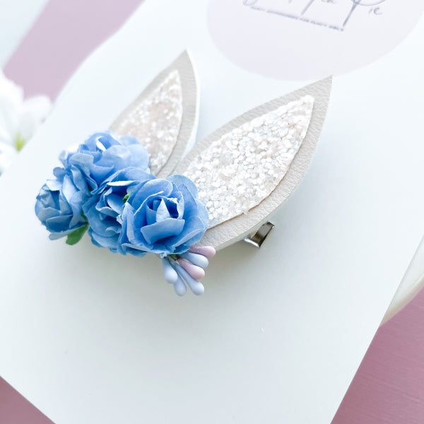 Blue Floral Bunny Ears Lined Alligator Clip (clip in back)