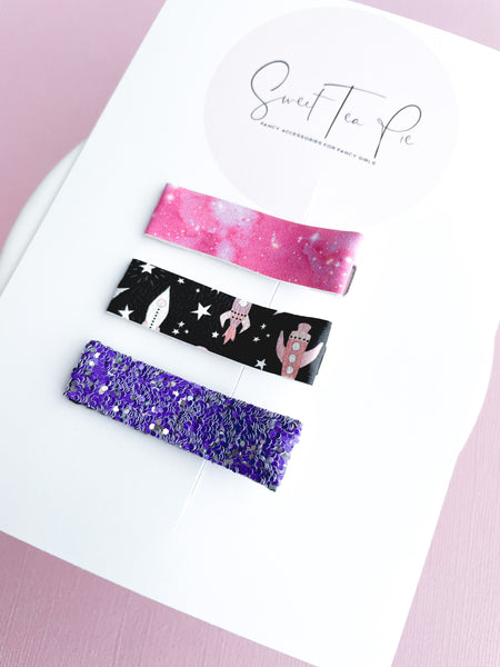 Space Girls Lined Alligator Clip - Set of 3