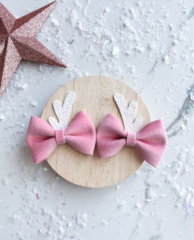 Pink Reindeer Velvet Pigtail Hair Bows