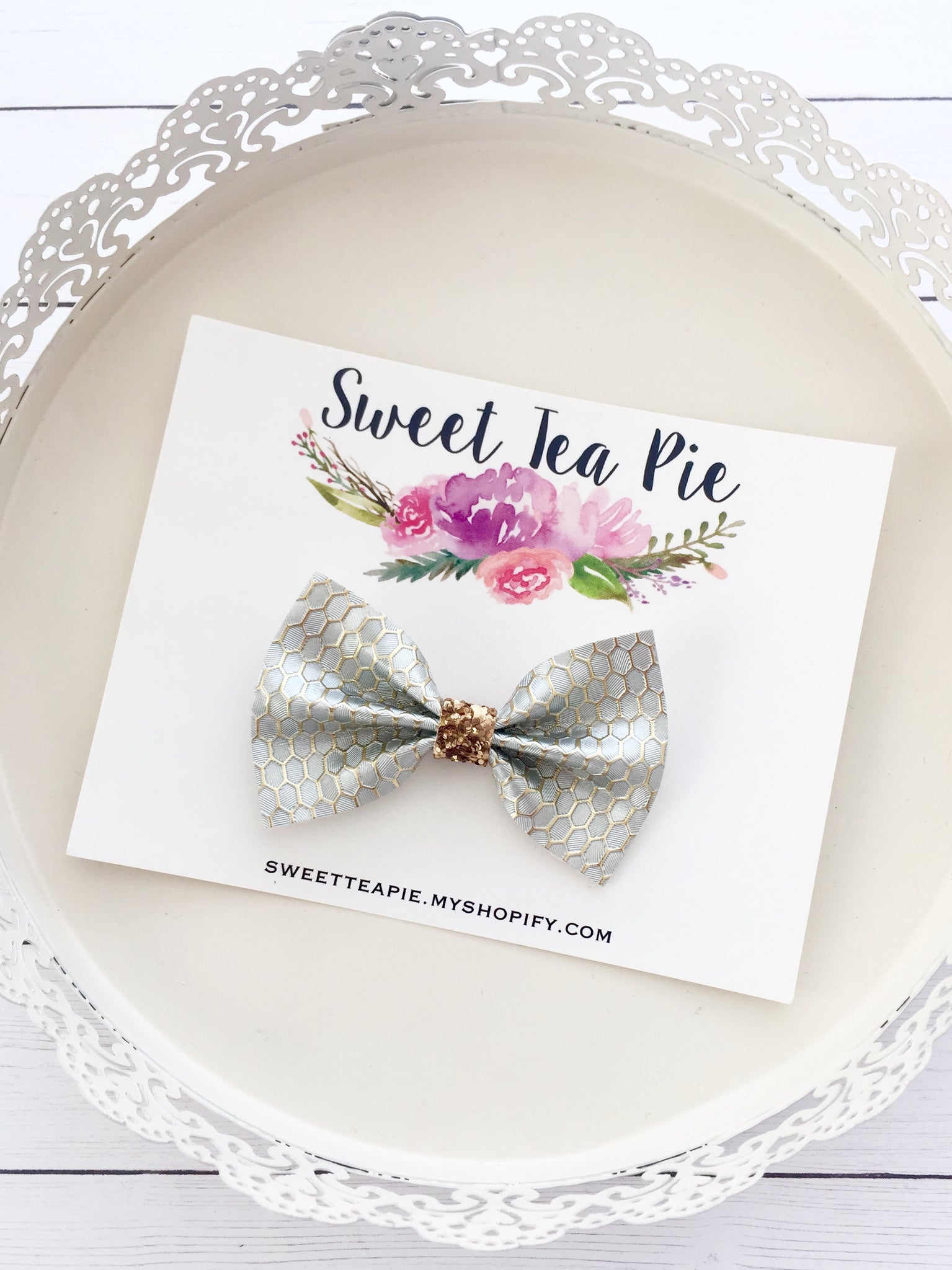 Silver Honeycomb Faux Leather Hair Bow
